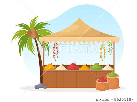 Spice Shop with Different Hot Spices, Condiment, Exotic Fresh Seasoning and Traditional Herbs in Flat Cartoon Hand Drawn Templates Illustration 96261187