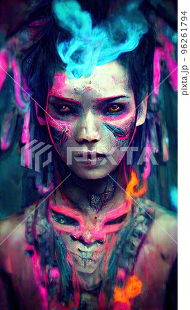 Portrait of a girl in a futuristic cyberpunk style in neon clothes. A high-tech man from the future. The concept of virtual reality and cyberpunk. Perfect for phone wallpaper or for posters. 96261794