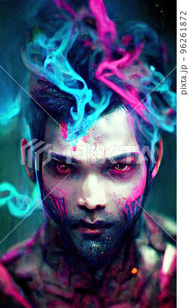 Portrait of a men in a futuristic cyberpunk style in neon clothes. A  high-tech man