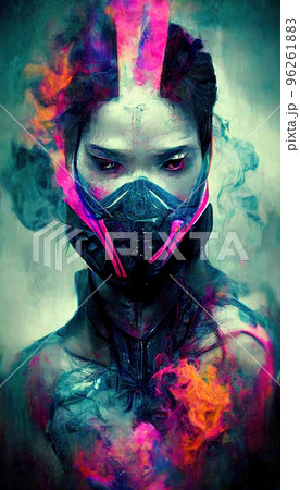 Portrait of a girl in a futuristic cyberpunk style in neon clothes. A high-tech man from the future. The concept of virtual reality and cyberpunk. Perfect for phone wallpaper or for posters. 96261883