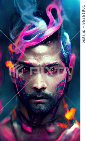 Portrait of a men in a futuristic cyberpunk style in neon clothes. A  high-tech man