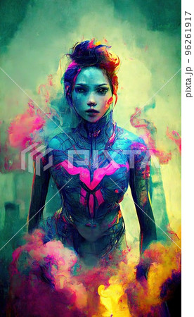 Portrait of a girl in a futuristic cyberpunk style in neon clothes. A high-tech man from the future. The concept of virtual reality and cyberpunk. Perfect for phone wallpaper or for posters. 96261917