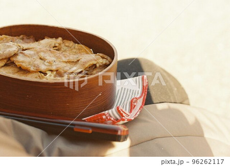 おいしい生姜焼きのお弁当でピクニック 96262117