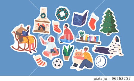 Set of Stickers Children Listen Christmas Stories, Granny Sitting on Chair Read Book to Little Girls and Boys Characters Set of Stickers Children Listen Christmas Stories, Granny Sitting on Chair Read Book to Little Girls and Boys Characters 96262255
