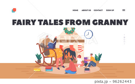 Fairy Tales from Granny Landing Page Template. Grandma Sitting on Rocking Chair Read Book to Little Girls and Boys 96262443