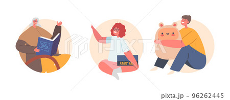Grandmother Reading Book to Kids Isolated Round Icons or Avatars. Granny with Book Sitting on Chair Vector Illustration Grandmother Reading Book to Kids Isolated Round Icons or Avatars. Granny with Book Sitting on Chair Vector Illustration 96262445