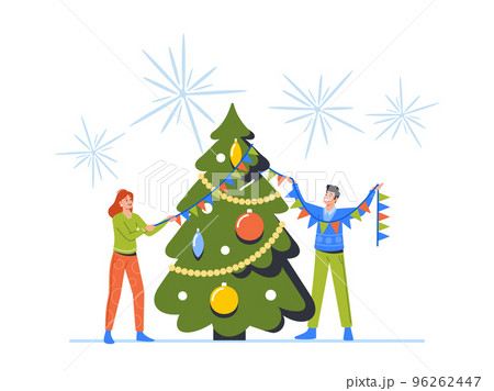 Christmas and New Year Holiday Celebration Concept. Happy People Decorate Tree Together Cartoon Vector Illustration 96262447