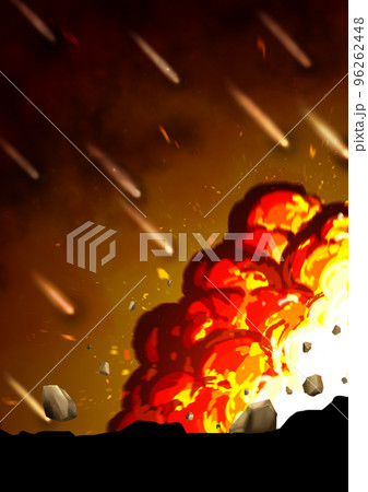 戦争で爆弾やミサイルや隕石が飛んできて着弾し爆発するイラスト 96262448