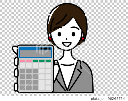 電卓を見せてくるスーツ姿の笑顔の女性 96262734