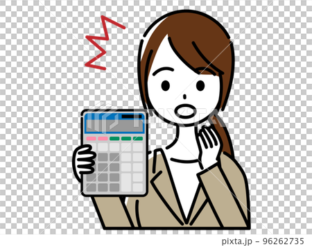 手に持った電卓を見て驚くスーツ姿の女性 96262735