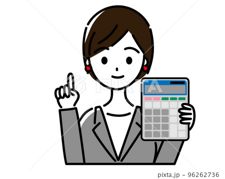 左手に電卓を持ち右手で指差しをする、スーツ姿でピアスをつけた女性 96262736