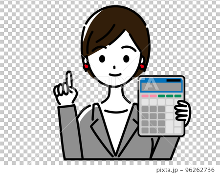 左手に電卓を持ち右手で指差しをする、スーツ姿でピアスをつけた女性 96262736