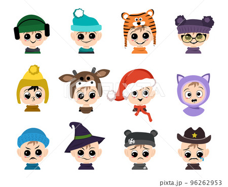 Set of children avatar with big eyes and wide smile and different emotions in hat. Cute kid with joyful or sad face in festive costume for new year and Christmas. Vector flat illustration 96262953