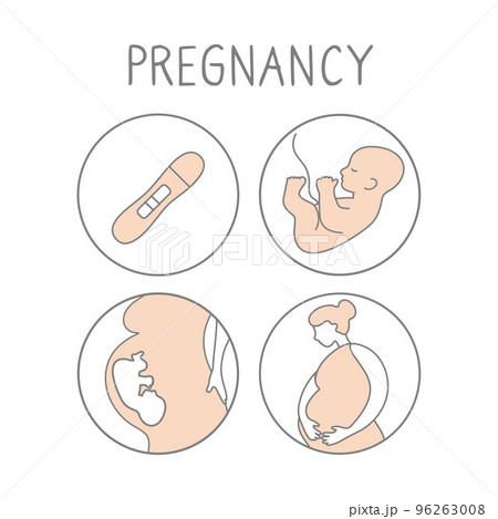 Pregnancy icon set. Linear simple illustration fertilization and childbirth. Motherhood signs. Vector Pregnancy icon set. Linear simple illustration fertilization and childbirth. Motherhood signs. Vector 96263008