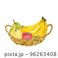 水彩で描いたカゴに入ったバナナ, リンゴ,ラフランス,キウイのイラスト 白バック 96263408