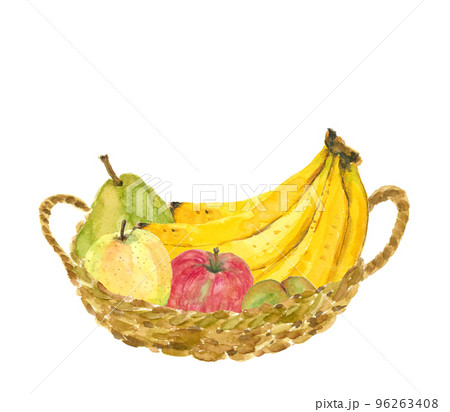 水彩で描いたカゴに入ったバナナ, リンゴ,ラフランス,キウイのイラスト 白バック 96263408