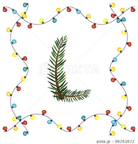 Letter L from green Christmas tree branches. Festive font and frame from garland, symbol of happy New Year and Christmas, sign from alphabet 96263672