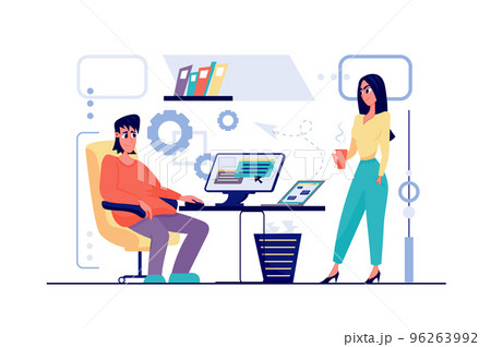 Freelance working concept in flat cartoon design. Man and woman perform work tasks from home, communicate with team online using computer or laptop. Vector illustration with people scene for web 96263992