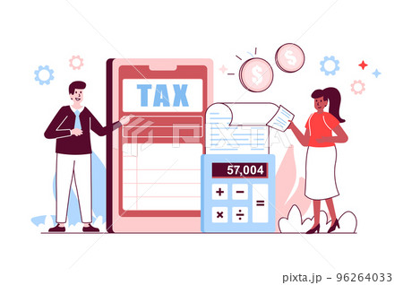 Mobile Tax filing concept in flat line design. Man and woman file tax return, declare income and maintain financial statements using mobile app. Vector illustration with outline people scene for web 96264033