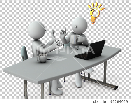 兩個商務人士聚集在一張會議桌前，在電腦前交談。建議和靈感的想法。 96264069