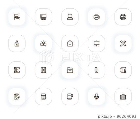 Office and work line icons set. Computer, laptop, printer, briefcase, stationery and other button. Vector outline pictograms for web and ui, ux mobile app design. Editable Stroke. 24x24 Pixel Perfect. 96264093