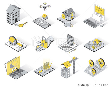 Real estate concept 3d isometric icons set. Pack elements of house, key, rent, sell, buy, blueprint, search, building, apartment, property and other. Vector illustration in modern isometry design Real estate concept 3d isometric icons set. Pack elements of house, key, rent, sell, buy, blueprint, search, building, apartment, property and other. Vector illustration in modern isometry design 96264162