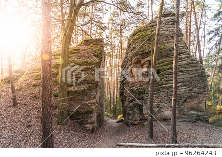 Narrow pass through sandstone rock formation at Chlum - Kozlov Castle Ruins, Bohemian Paradise, Czech Republic. Narrow pass through sandstone rock formation at Chlum - Kozlov Castle Ruins, Bohemian Paradise, Czech Republic. 96264243