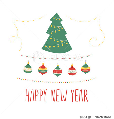 Cute and minimalistic Christmass card with Tree toys and fairy lights 96264688