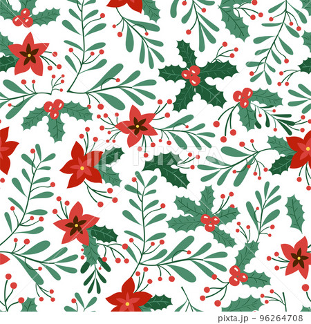 Green branch - Seamless pattern with christmas flower, omela, leaf 96264708