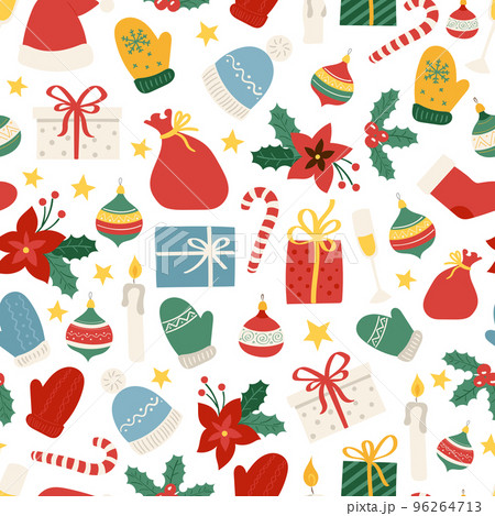Doodle Christmass pattern with santa hat, omela and candy cane 96264713