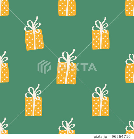 Yellow Gift box with bow on cute Christmass pattern 96264716