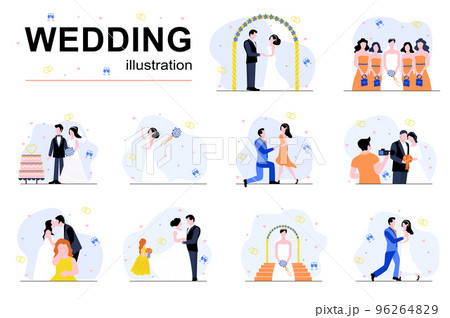 Wedding concept with people scenes set in flat design. Bride and groom married at ceremony, bridesmaids catching bouquet, couple photo, dancing. Vector illustration visual stories collection for web Wedding concept with people scenes set in flat design. Bride and groom married at ceremony, bridesmaids catching bouquet, couple photo, dancing. Vector illustration visual stories collection for web 96264829