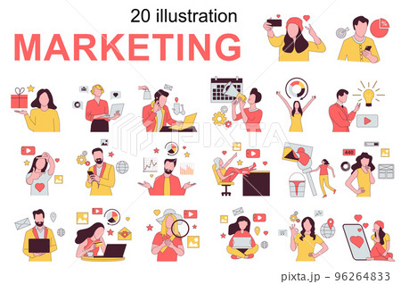 Marketing concept with people scenes set in flat design. Men and women create photo and video content, posting in social media, promote blogs. Vector illustration visual stories collection for web 96264833