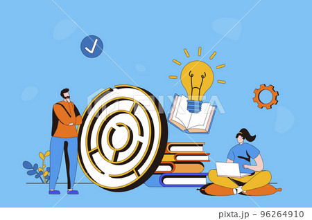 Finding solution web concept in flat 2d design. Man thinks and looks for way out of labyrinth. Woman generates ideas. Brainstorming and creativity for business. Vector illustration with people scene 96264910
