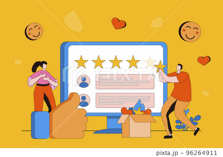 Feedback page web concept in flat 2d design. Clients leave comments with experiences, ratings and reviews. Customer satisfaction and service quality evaluation. Vector illustration with people scene 96264911