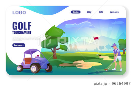 Landing page with golf course, player man and golf cart Landing page with golf course, player man and golf cart 96264997