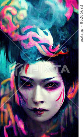 Portrait of a seductive geisha in an unusual neon style amidst clouds of smoke. Colorful and vivid image of a Japanese geisha. The concept of Japanese culture. Perfect for phone wallpaper and posters. 96265633