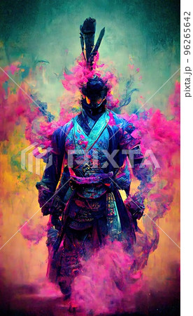 Combat samurai are depicted in a cyberpunk neon style. The concept of Japanese ninjas. Virtual reality and cyberpunk concept. 96265642