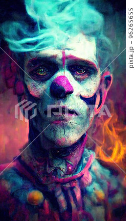 Portrait of a clown in an unusual neon style amid clouds of colorful smoke. Colorful and vivid image of a funny clown. Perfect for phone wallpaper or for posters. Portrait of a clown in an unusual neon style amid clouds of colorful smoke. Colorful and vivid image of a funny clown. Perfect for phone wallpaper or for posters. 96265655