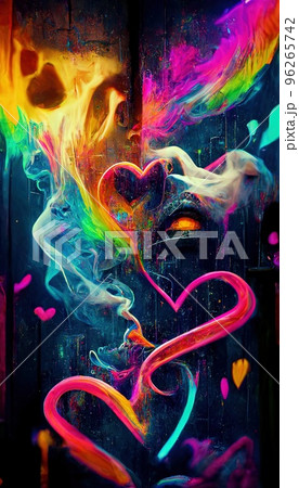 Abstract smoke multicolored on black background. A wall splattered with colored paint, surrounded by colored smoke. Perfect for phone wallpaper or for posters 96265742
