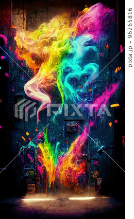 An abstract multicolored rainbow stream. A wall splattered with colored paint and surrounded by colored smoke and neon patterns. Perfect for phone wallpaper or for posters 96265816