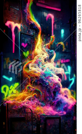 Abstract smoke multicolored on black background. A wall splattered with colored paint, surrounded by colored smoke. Perfect for phone wallpaper or for posters Abstract smoke multicolored on black background. A wall splattered with colored paint, surrounded by colored smoke. Perfect for phone wallpaper or for posters 96265818