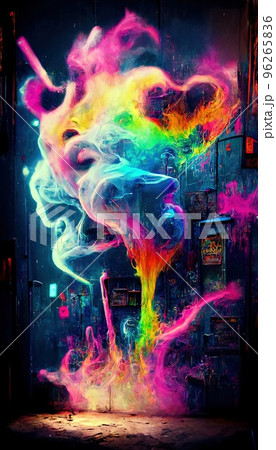 Abstract smoke multicolored on black background. A wall splattered with colored paint, surrounded by colored smoke. Perfect for phone wallpaper or for posters 96265836