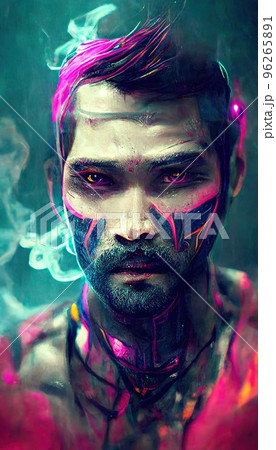 Portrait of a men in a futuristic cyberpunk style in neon clothes. A  high-tech man