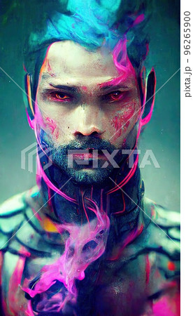 Portrait of a men in a futuristic cyberpunk style in neon clothes. A high-tech man from the future. The concept of virtual reality and cyberpunk. Perfect for phone wallpaper or for posters. 96265900