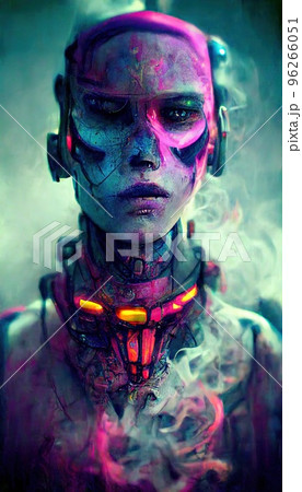 Portrait of a girl in a futuristic cyberpunk style in neon clothes. A high-tech man from the future. The concept of virtual reality and cyberpunk. Perfect for phone wallpaper or for posters. Portrait of a girl in a futuristic cyberpunk style in neon clothes. A high-tech man from the future. The concept of virtual reality and cyberpunk. Perfect for phone wallpaper or for posters. 96266051