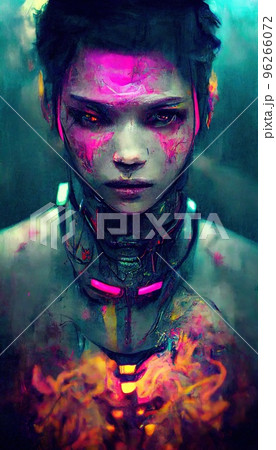 Portrait of a girl in a futuristic cyberpunk style in neon clothes. A high-tech man from the future. The concept of virtual reality and cyberpunk. Perfect for phone wallpaper or for posters. 96266072