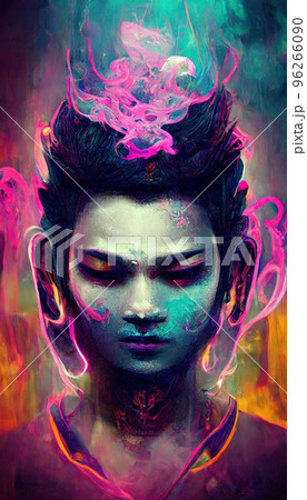 Portrait of Buddha in a futuristic cyberpunk style in a neon atmosphere. A neon Buddha in the middle of smoke. Futuristic reality and cyberpunk concept. Perfect for phone wallpaper or for posters 96266090
