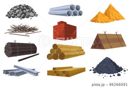 Building materials. Construction concept. Illustrations can be used for construction sites or illustrate renovation works. Bricks, planks, metal, sand and stone pipes vector set 96266091