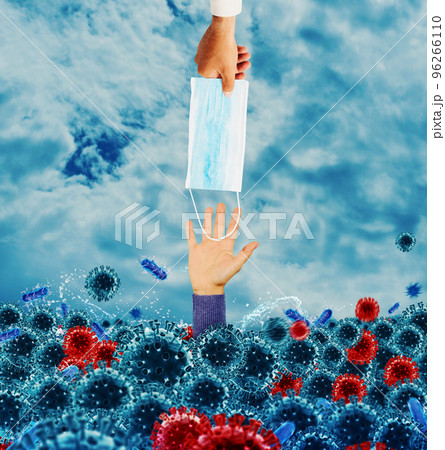 Hopeless businessman needs a mask because goes down under the sea of viruses and bacteria. Concept of pandemic 96266110